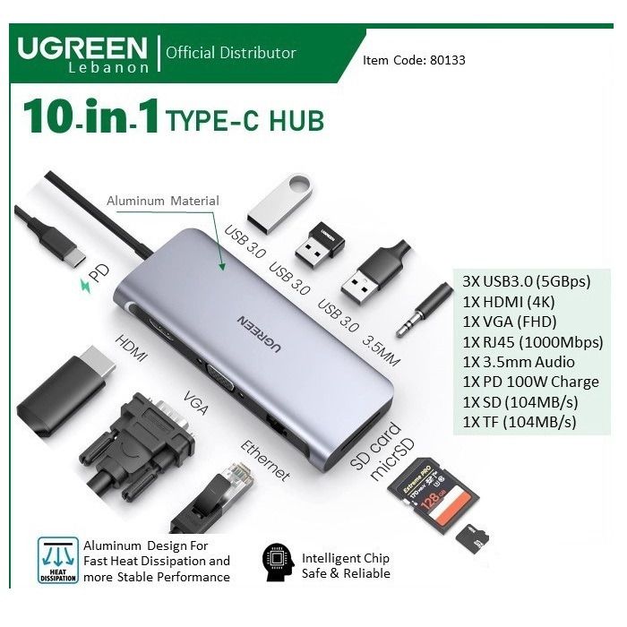 Ugreen Usb C Hub 10 In 1 (80133) Type C Hub With Ethernet ,Usb C To Hdmi  4K, Computers & Tech, Parts & Accessories, Cables & Adaptors On Carousell