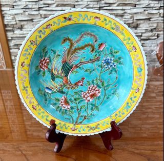 Vintage Peranakan large plate with phoenix and peony design