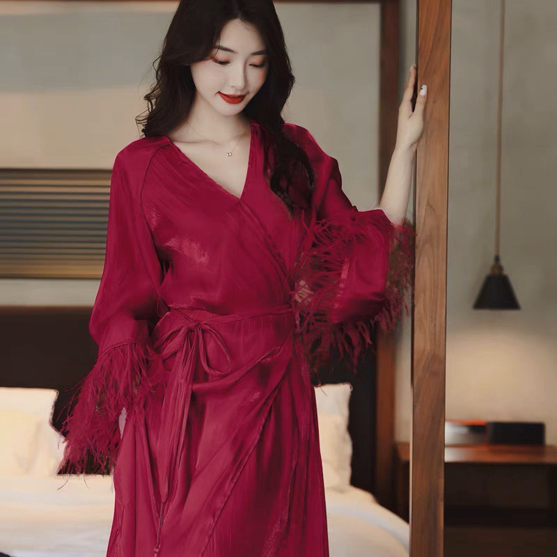 Wine Red Feathered Bridal Robe, Women's Fashion, Undergarments ...