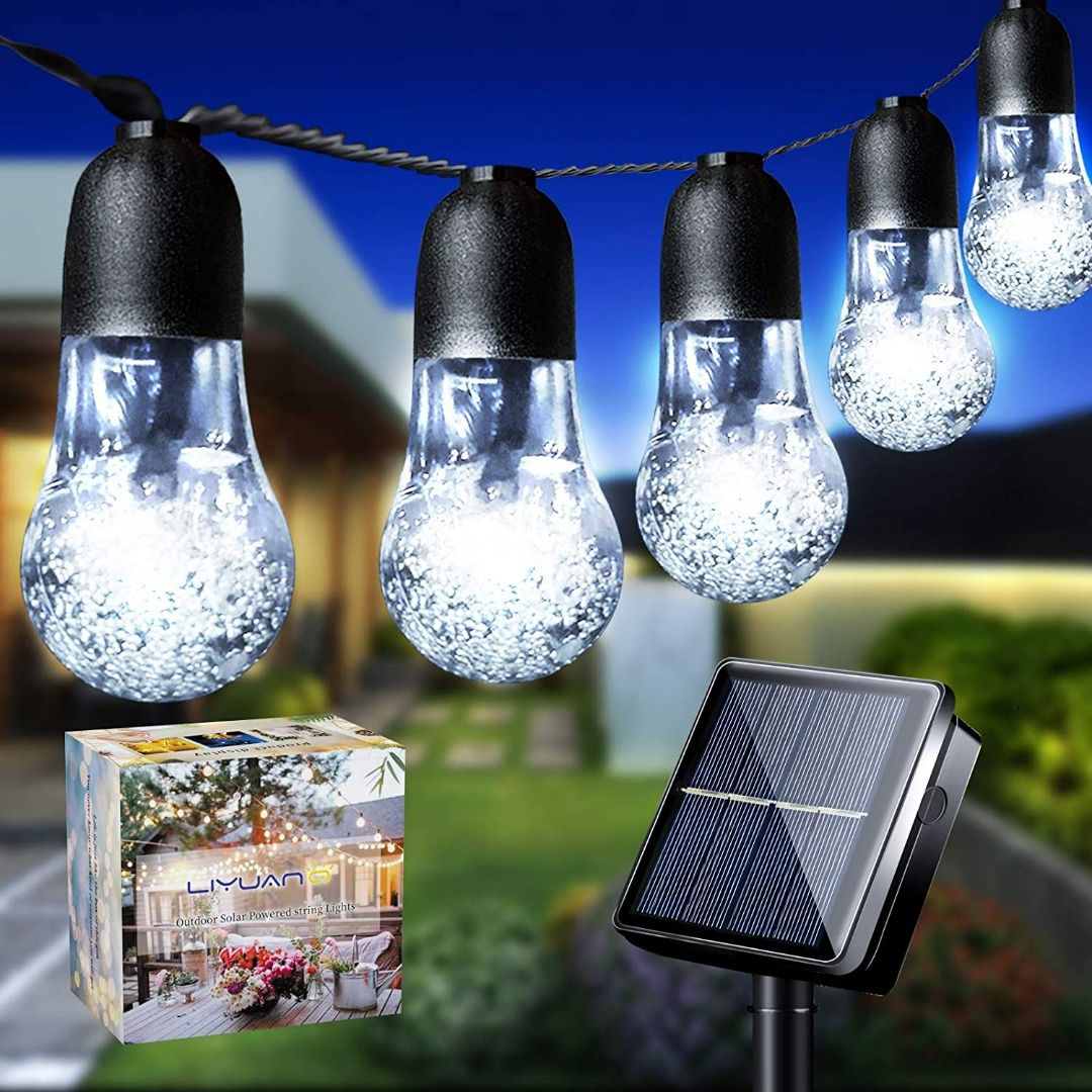 2332) LiyuanQ Solar String Lights Garden 33Ft 50LED Waterproof Fairy Lights  Outdoor Mode Solar Powered Crystal Ball Bulb Lights Decorative Lighting  for Patio Yard Home Wedding Christmas Party（Cool White), Furniture 