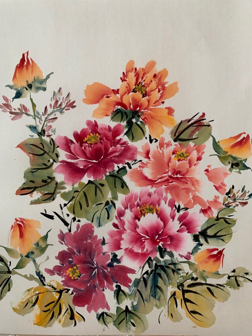富貴花開 水墨画 掛軸 約70cm x 30cm 水墨畫- 花開富貴牡丹花(221218122）, 興趣及遊戲, 手作＆自家設計