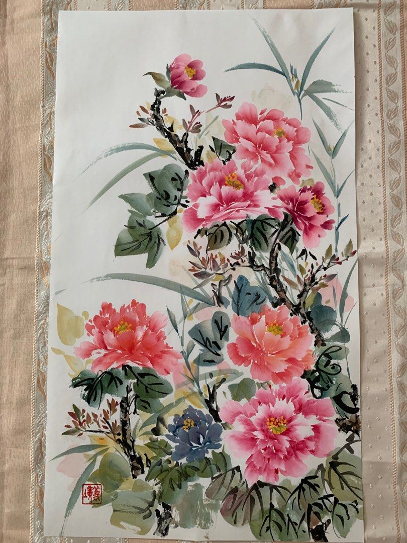 水墨画 鬆石牡丹圖 清代 水墨畫- 牡丹花(221218124), 興趣及遊戲, 手作＆自家設計, 文具