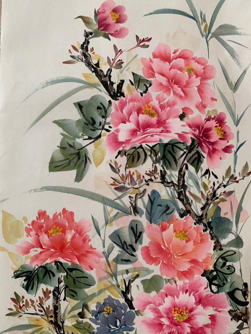 水墨画 鬆石牡丹圖 清代 IMOD679牡丹水墨