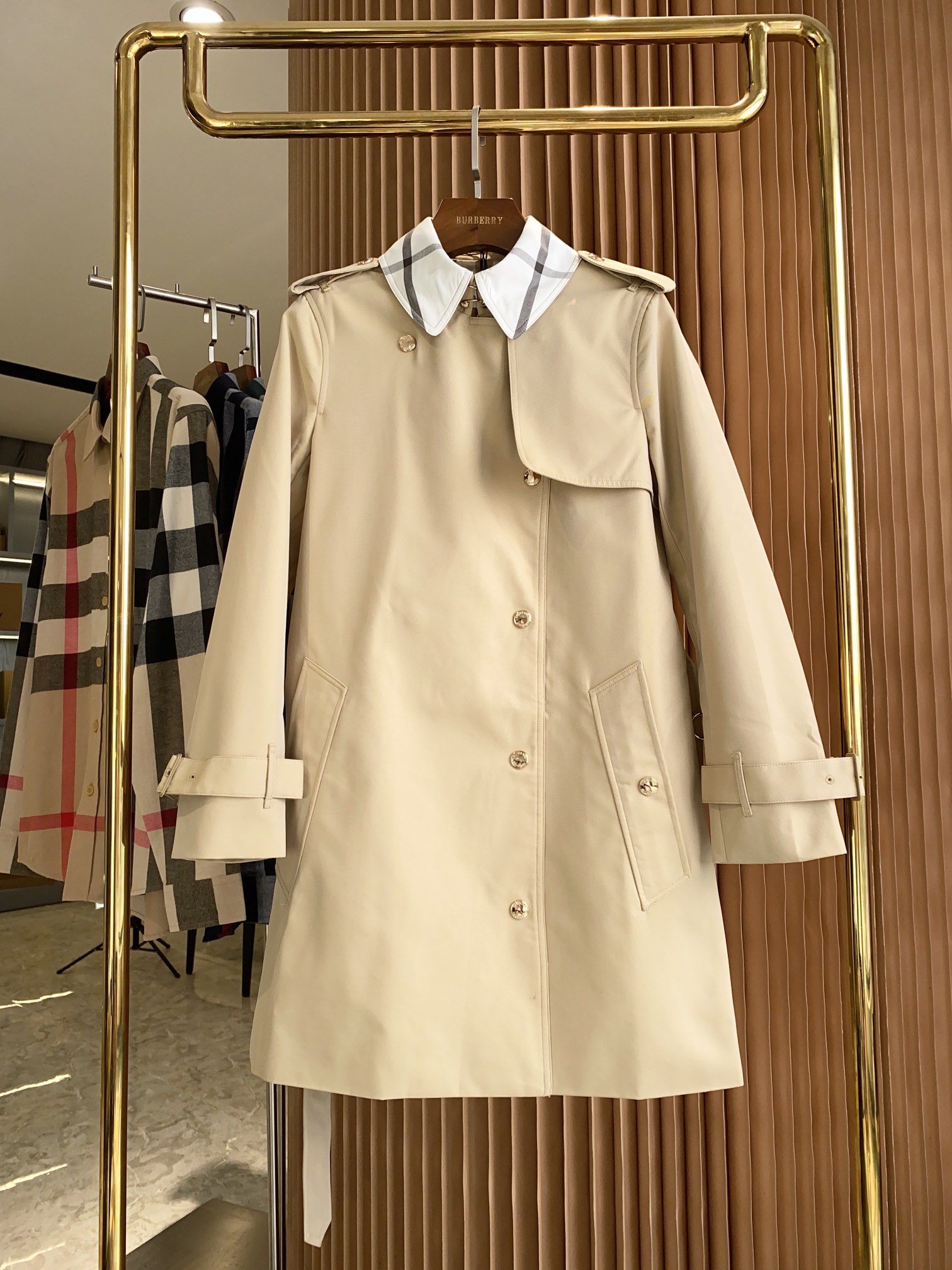 vintage check panel cotton gabardine trench coat