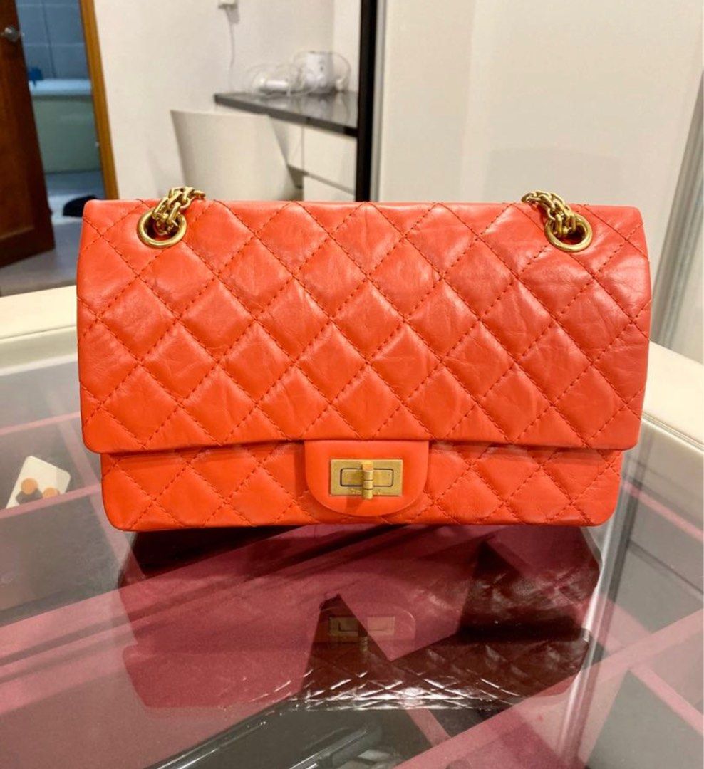 Authentic CHANEL Orange Red Lambskin Reissue Medium Diana Flap Crossbody Bag  GHW