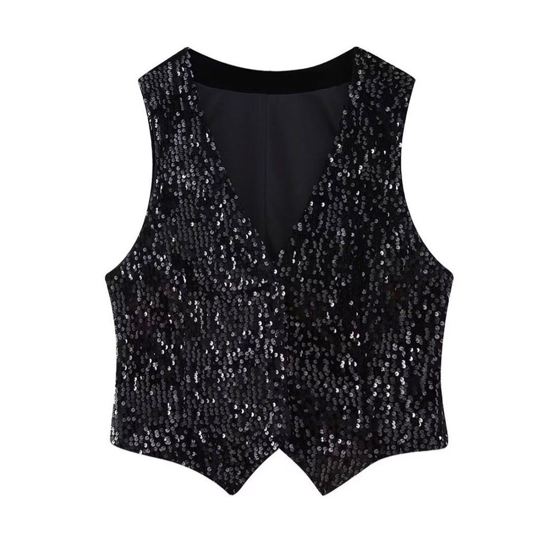 Black sequin vest top, Women's Fashion, Coats, Jackets and Outerwear on