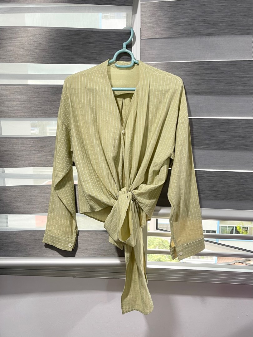 Brand New Sage Green Long Sleeve Tie Front Top, Women's Fashion, Tops ...