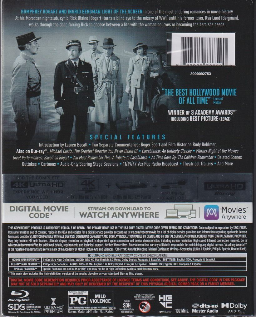 Casablanca 4K 80th Anniversary Edition (Slipcover) Blu ray / Bluray