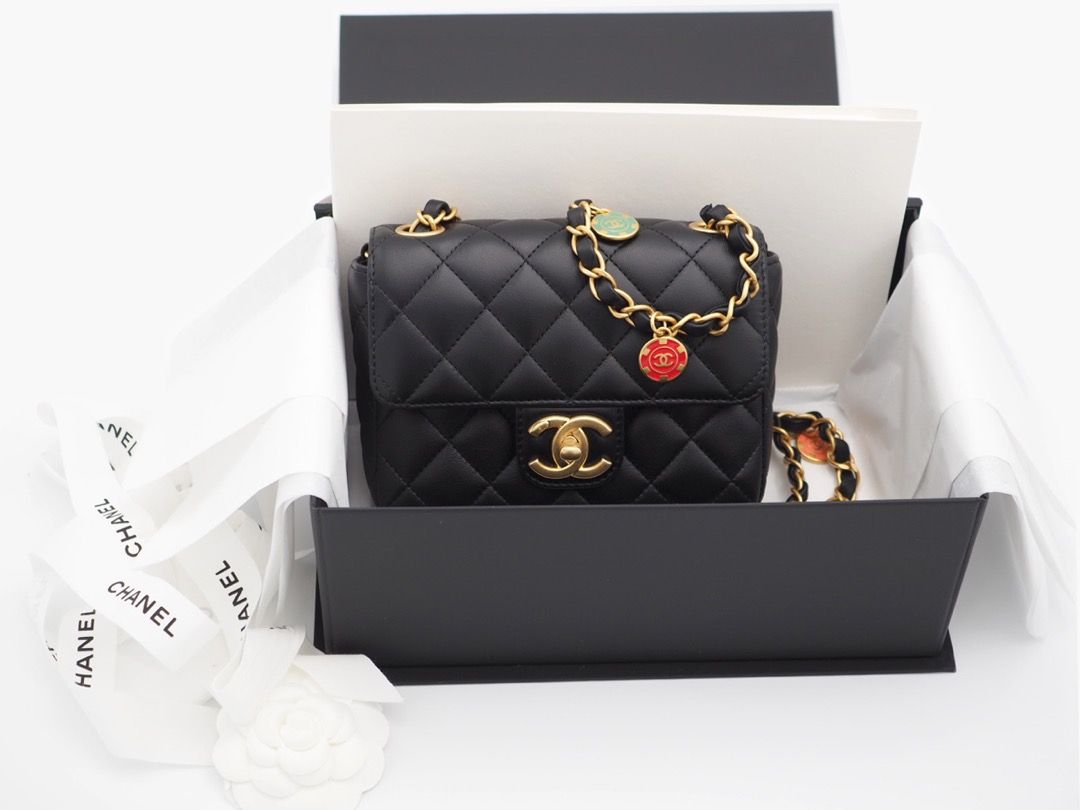 Chanel 16cm Black Lambskin Mini Flap Bag with Enamel Charms & Gold-Tone  Metal Hardware