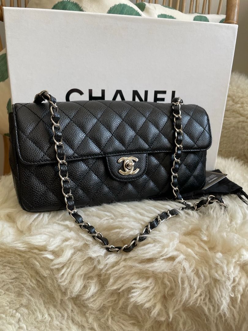 Chanel Black Caviar East West Flap Silver Hardware Full Set, Luxury, Bags &  Wallets on Carousell