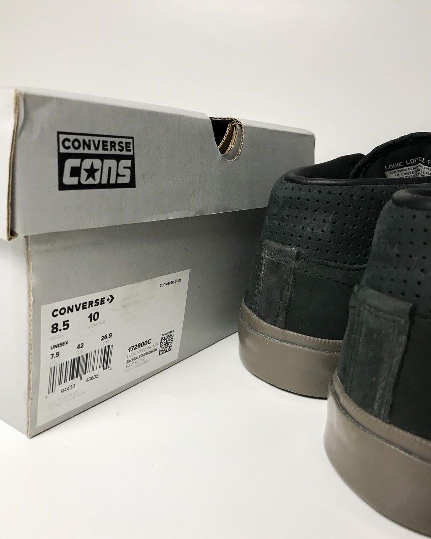 CONVERSE CONS LOUIE LOPEZ PRO MID BLACK/DARKMUSHROOM NUBUCK LEATHER, Fesyen Pria, Sepatu