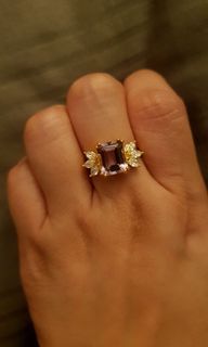 EMERALD CUT AMETHYST & WHITE TOPAZ IN YELLOW GOLD PLATED BAND 925 Sterling Silver
