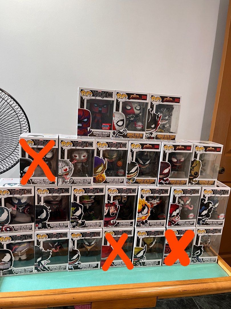FUNKO venomized set (Category: Toy Figures) located in Singapore. Submitted by joa_collectibles (Listing ID 1201448564, Image 1). Description: Self collect only Whole set for $600 Captain America - 24y Iron Man - 20 Hulk - 24 Carnage - 20 Ghost rider - 34 Carnage (Carla Unger) - 28 Mayhem (April Parker) - 15 Thanos - 15 Groot - 20 Storm - 20 Daredevil - sold X-23 - 20 Corrupted venom - sold Rocket - 20 Punisher - sold Ultron - 20 (sold) Green gob