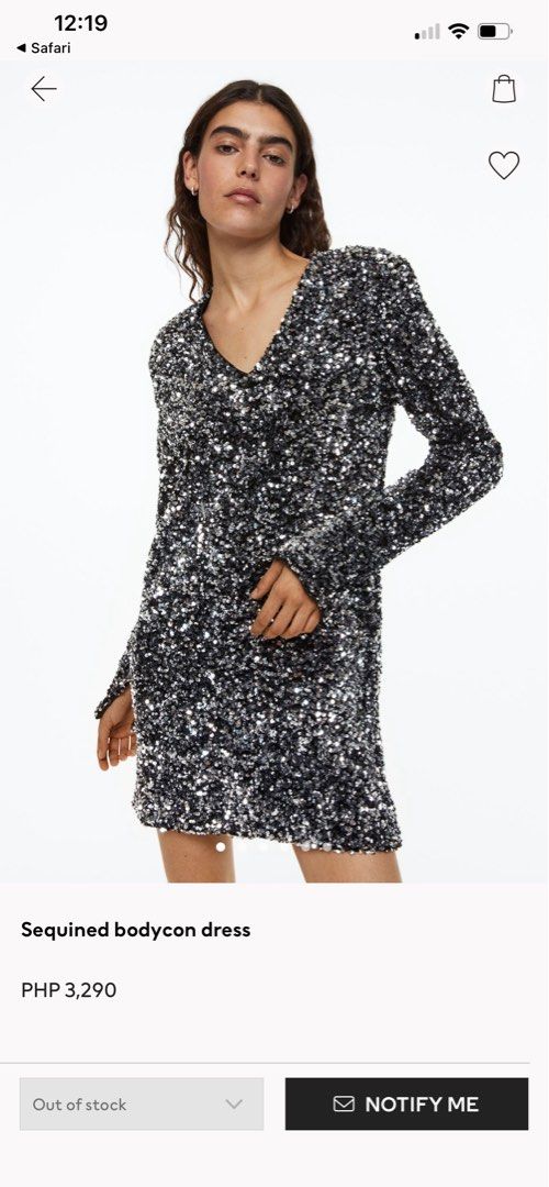 H&M silver/black sequin bodycon dress (Category: Evening dresses & gowns) located in Pasig City. Submitted by javispreloved (Listing ID 1203784379, Image 1). Description: Short, Fitted dress in sequence velor. Vneck, shoulder pads, long sleeves with slit at the cuffs, and a straight cut hem. Jersey linin BUY PRICE PHP 3,290.00 Selling for PHP 1,800.00 XS size Only used once good as new. First 4 pics for reference only Last 2 pics is the actual dr