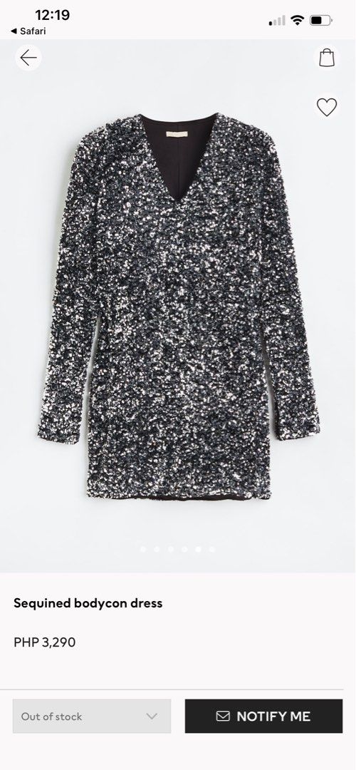 H&M silver/black sequin bodycon dress (Category: Evening dresses & gowns) located in Pasig City. Submitted by javispreloved (Listing ID 1203784379, Image 3). Description: Short, Fitted dress in sequence velor. Vneck, shoulder pads, long sleeves with slit at the cuffs, and a straight cut hem. Jersey linin BUY PRICE PHP 3,290.00 Selling for PHP 1,800.00 XS size Only used once good as new. First 4 pics for reference only Last 2 pics is the actual dr