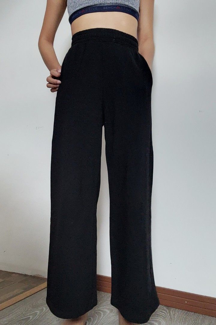 H&M Wide Leg Pants / Joggers (Category: Other Bottoms) located in Cavite. Submitted by fortruffles (Listing ID 1193032225, Image 1). Description: used once for reference I'm usually a 34EUR H&M I got XXS so it stays high waist on me Sweatpant joggers in soft, cotton-blend fabric with soft, brushed inside. High waist, elasticized waistband, and long, wide legs. FitLoose fit CompositionCotton 52%, Polyester 48% Laid flat Waist 10" (14" when garter 