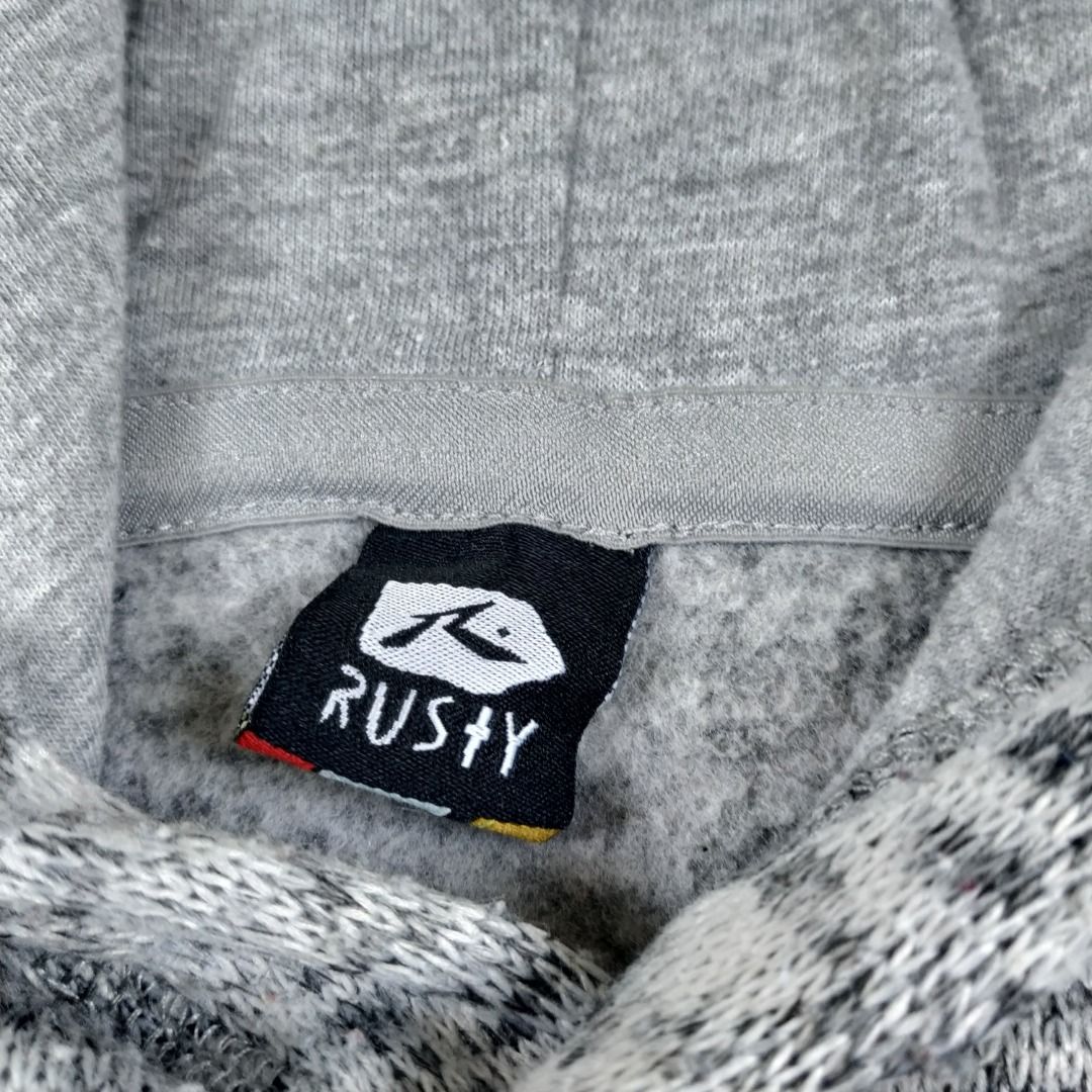 L RUSTY SURF CLOTHING SWEATER HOODIE PULLOVER GREY COLOR SIZE LARGE SPORT AUSTRALIA SURFING BEACH BOXY CUT 3 LINE MUSIM SEJUK WINTER SKI