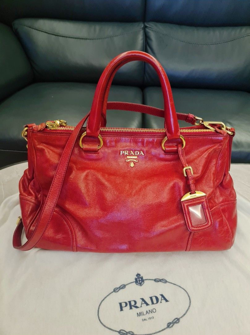 Red leather prada handbag store