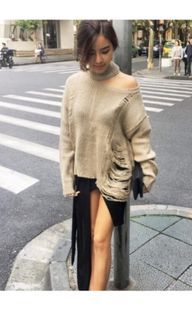 scrappykoko❤️立領 刷皺 露肩 長袖 毛衣 scrappykokostore