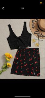 SHEIN Tie Front Rib-knit  Lettuce Hem Crop Top