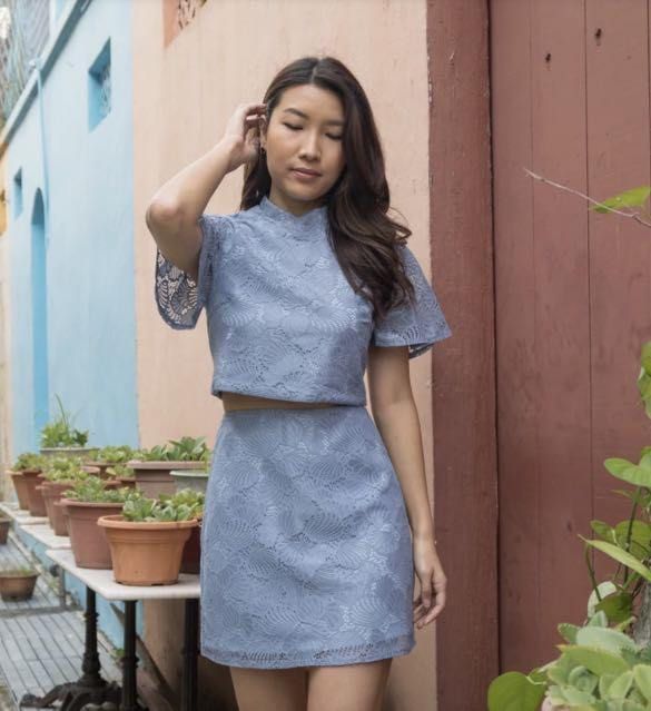 The Dress Alley Cheongsam Lace 2 Piece Set Dusty Blue