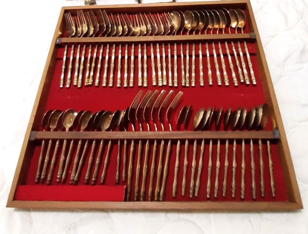 Vintage Thai 144 piece bamboo style brass/nickel bronze cutlery set