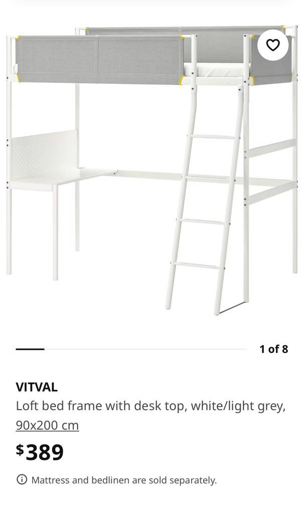 VITVAL IKEA Loft Bed Frame with Desk Top (White/Light Grey), Furniture
