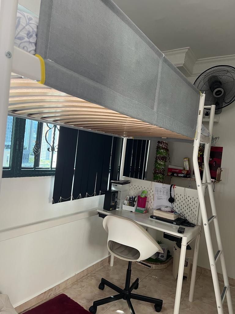 VITVAL IKEA Loft Bed Frame with Desk Top (White/Light Grey), Furniture