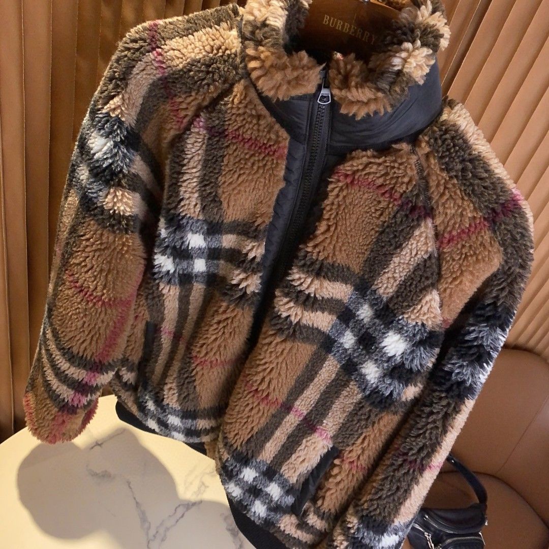Authentic Burberry Dark Brown Wood Check Wool Blend Fleece Jacket
