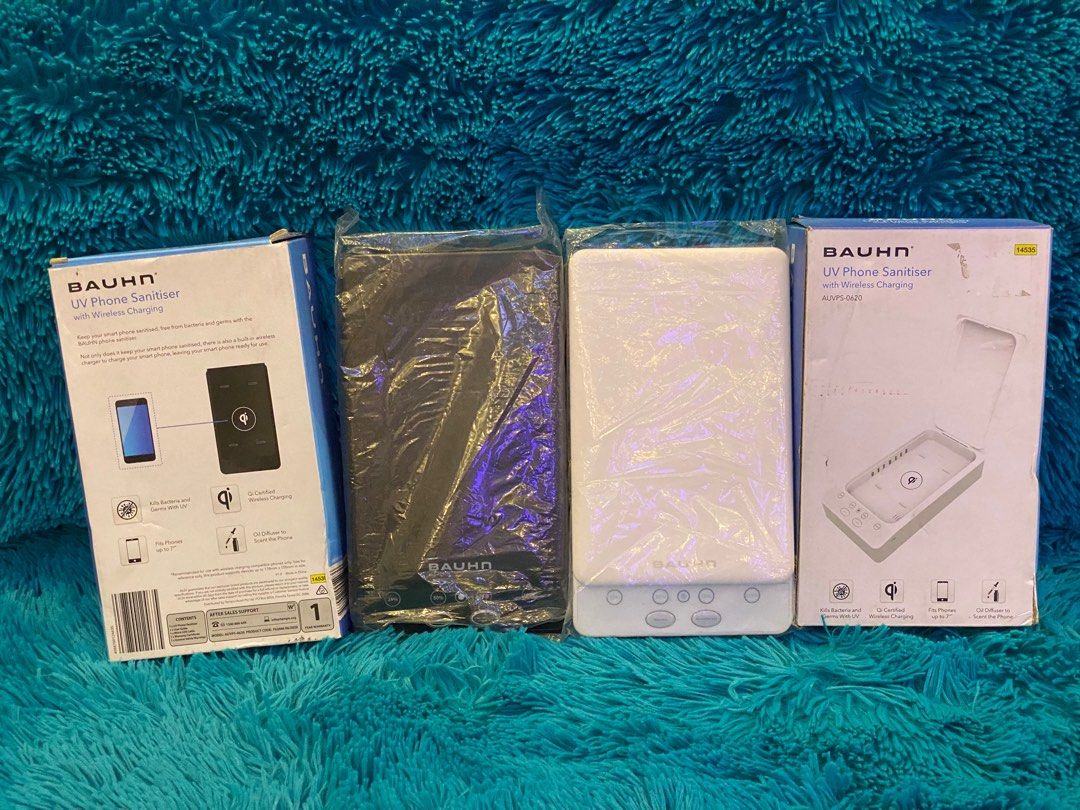 Bauhn UV Phone Sanitiser with Wireless Charging (Category: Batteries & Power Banks) located in Las Pinas. Submitted by wengm (Listing ID 1204037863, Image 1). Description: Bauhn UV Phone Sanitiser with Wireless Charging Kills bacteria and germs with UV radiation (A & C) Qi certified wireless charging Fits phones up to 7” Oil diffuser to scent the phone Power input: 5VDC 3A Built-in USB output: 5VDC 1A Wireless charging support: Supports standard 