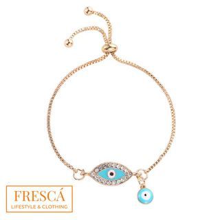 Brand New Authentic FRESCÁ Mal de Ojo Evil Eye Aqua Blue Crystal Gems & Gold Tone Adjustable Charm Bracelet