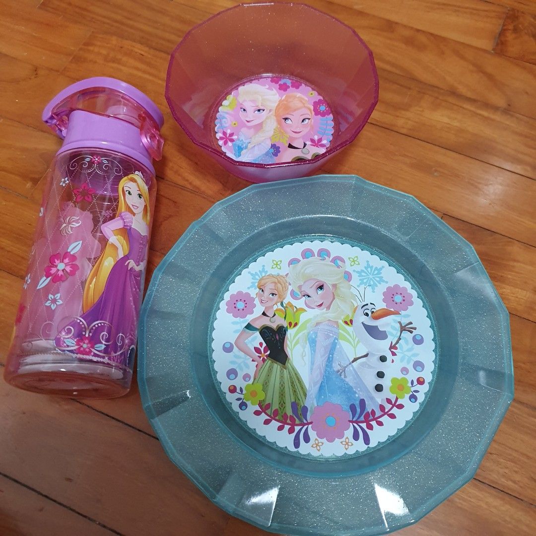 Disney Store Rapunzel Plate Cup Tumbler Water Bottle Silverware Spoon Fork