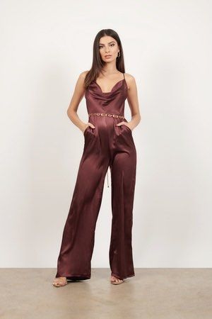 Burgundy satin jumpsuit sales
