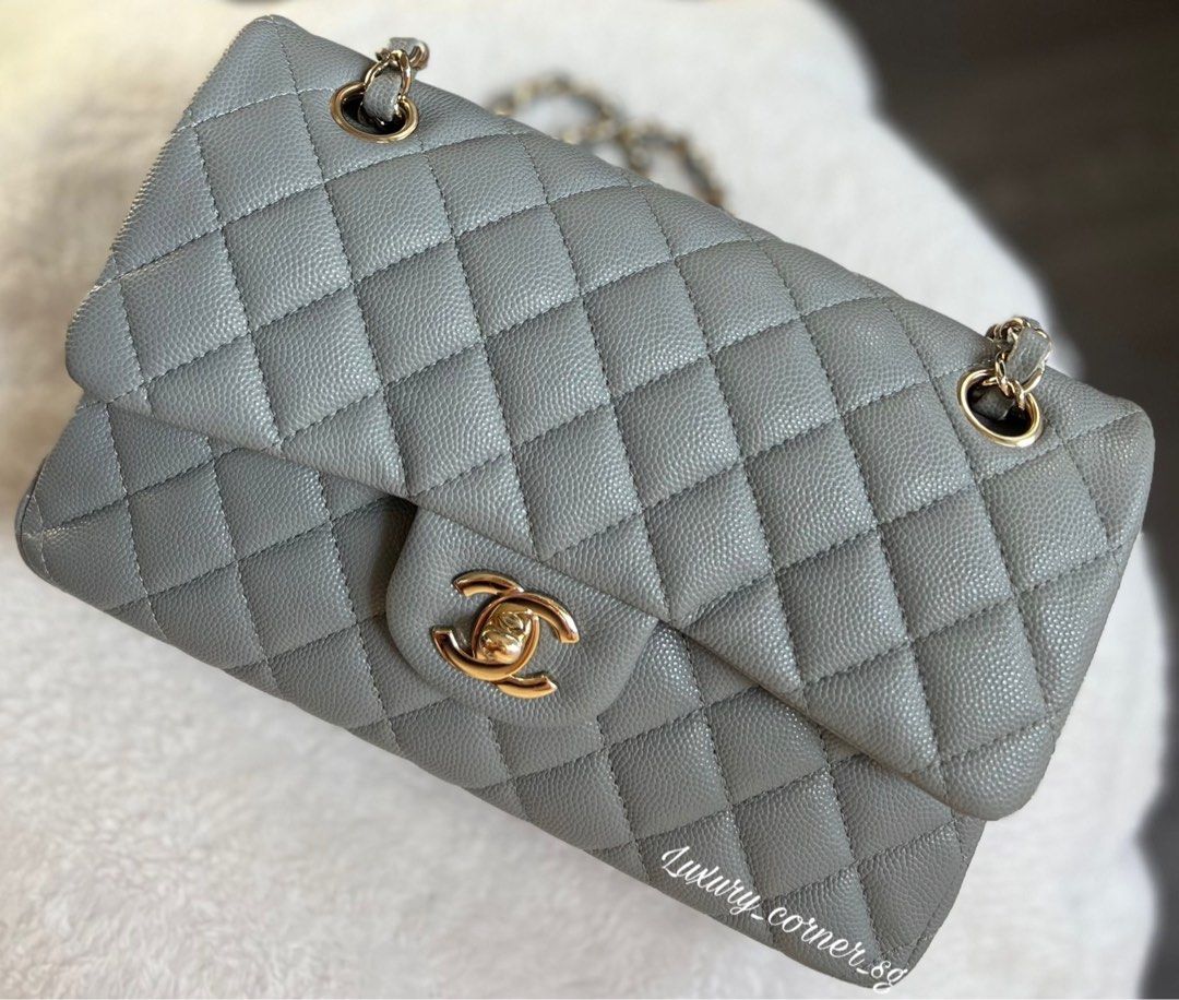 Chanel Grey Caviar Small Classic Double Flap Bag Light Gold