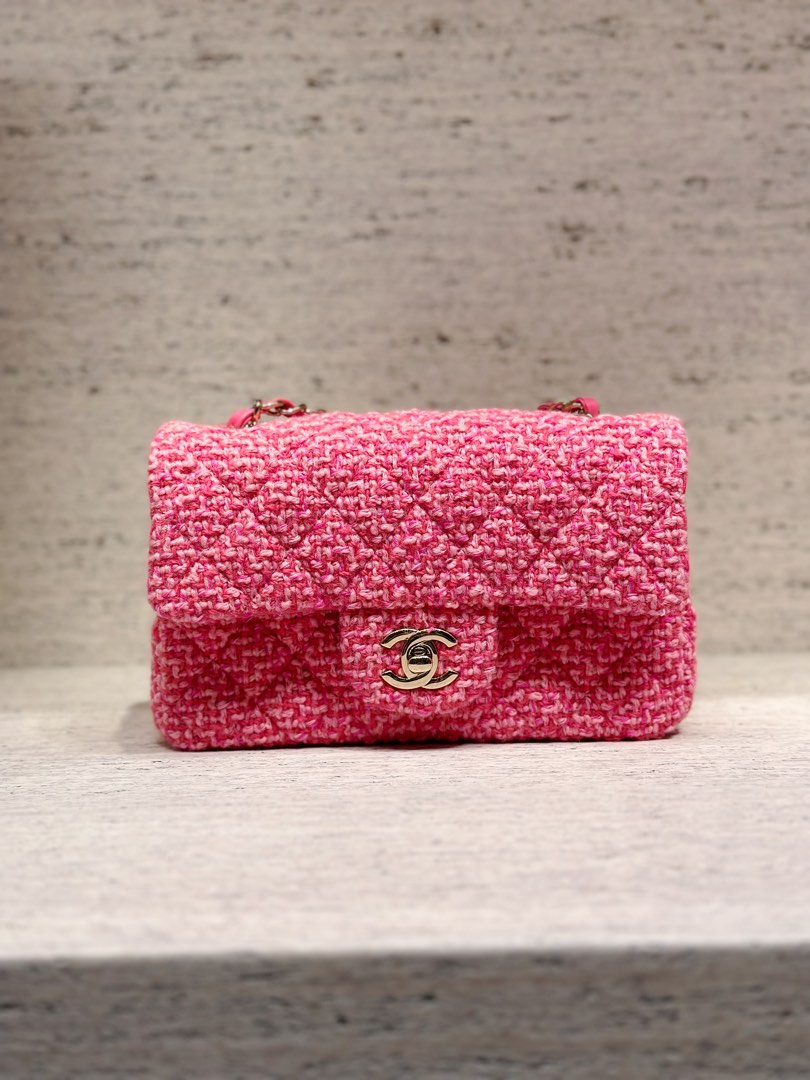 Chanel Pink and Beige Quilted Wool Tweed Small Elegant Chain Flap Gold Hardware, 2022 (Very Good), Womens Handbag
