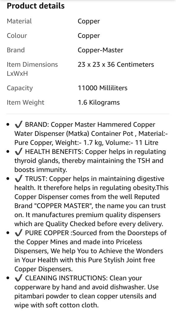 Copper pot water dispenser, Furniture & Home Living, Kitchenware