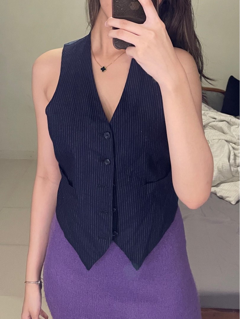 Dark blue pinstripe vest chaleco / waistcoat, Women's Fashion, Coats