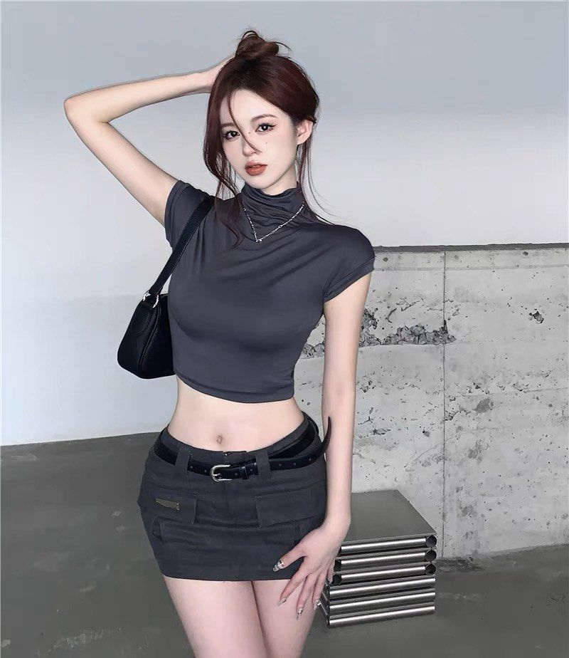 Grey Turtle Neck Crop top with Low Waisted Mini Skirt Set, Women's