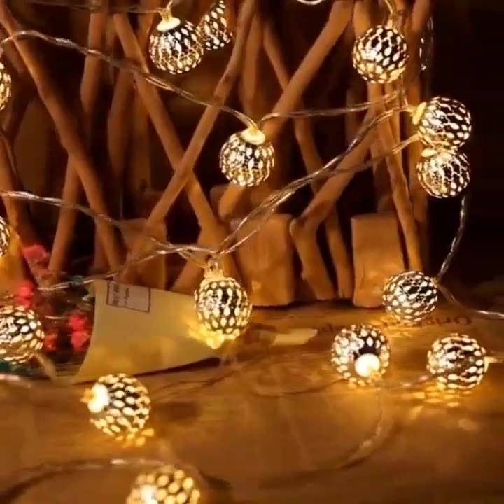 Battery Powered Moroccan Orb Silver Metal Balls String Lights LED
