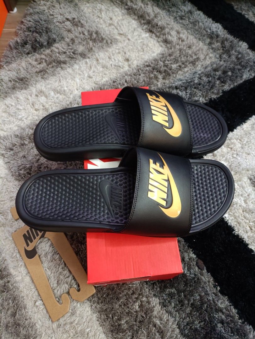Black gold nike slides cheap