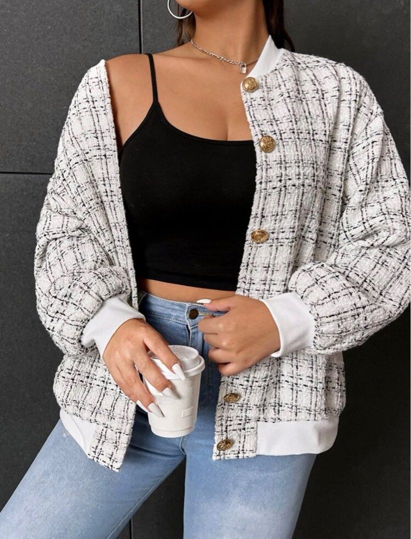 Oversized Tweed Color-blocking Jacket