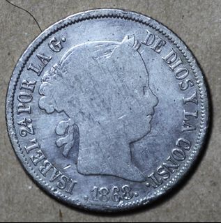 Philippines 1868 20 Cs Silver Coin