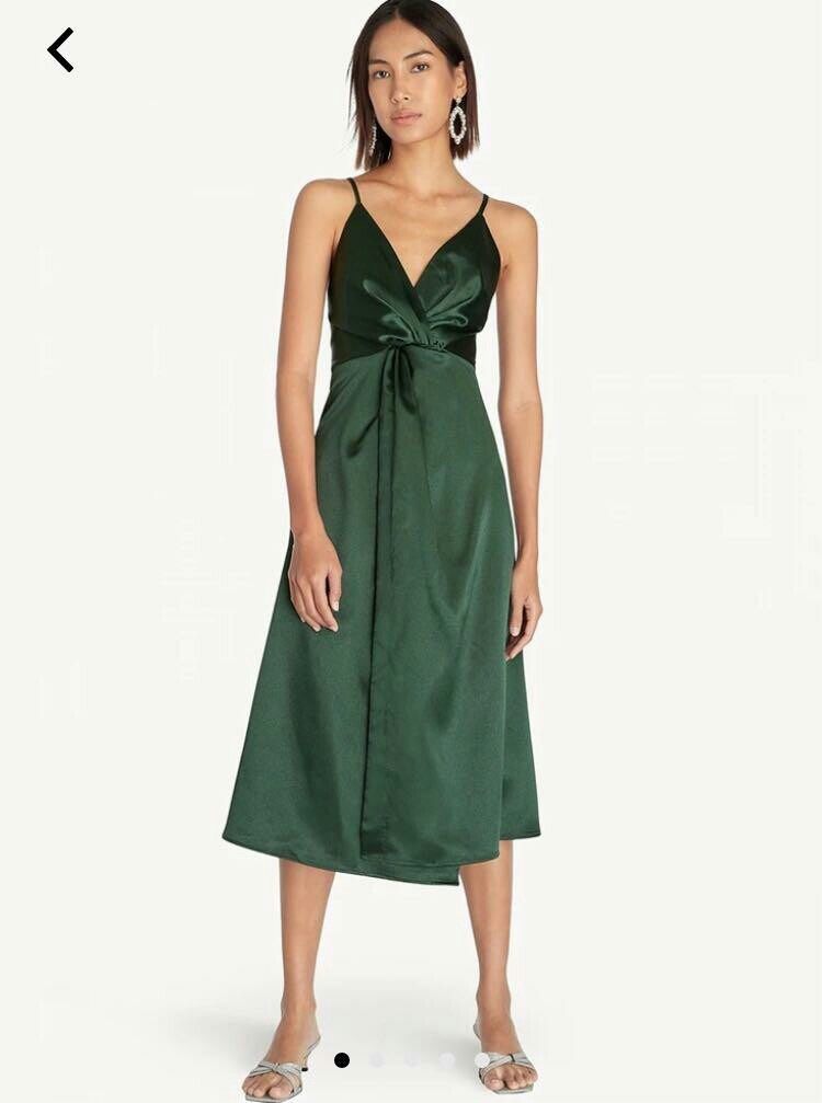 Pomelo Emerald Green Satin Front Knot Midi Dress, Women's Fashion ...