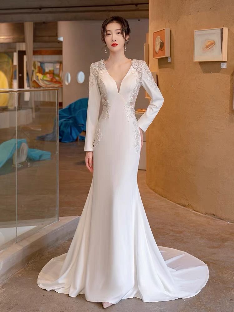 Pre order white long sleeve satin bodycon mermaid fishtail wedding bridal dress gown RB2460