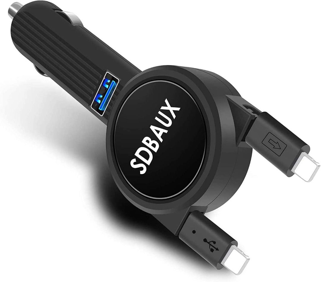 SDBAUX Car Charger,Quick Charge 3.1A/15W with 2.3ft Dual iOS Retractable  Cable,Compatible/