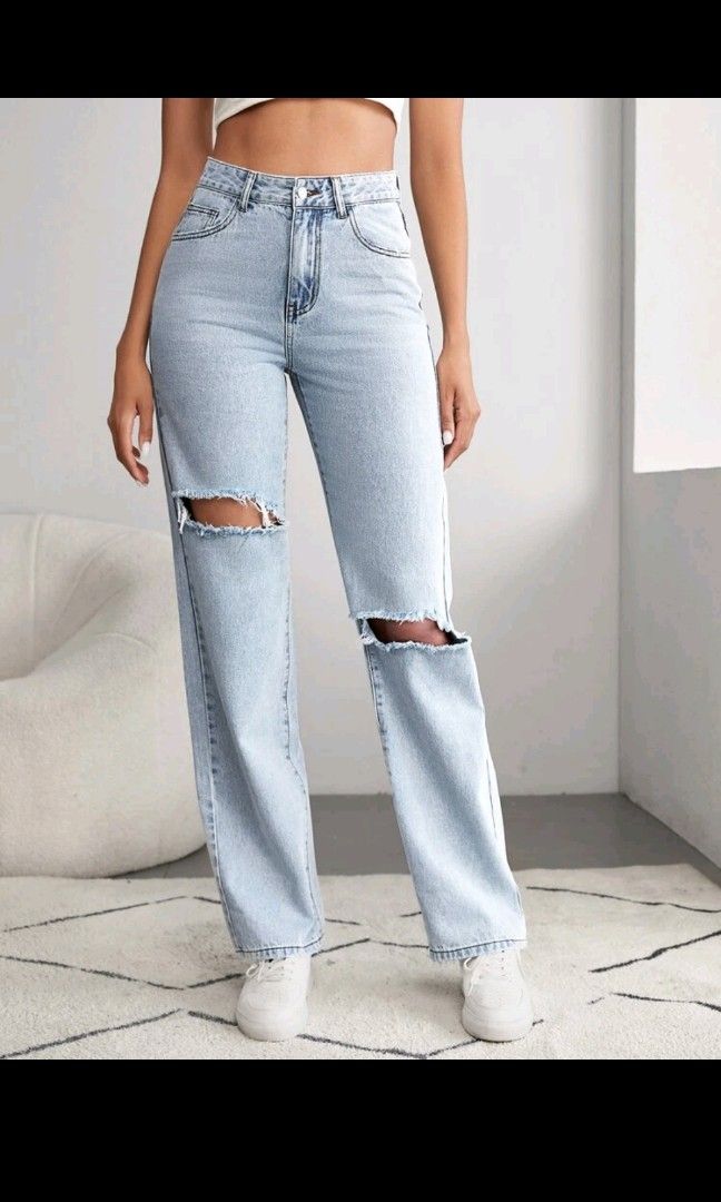 SHEIN PETITE High Waist Ripped Straight Leg Jeans