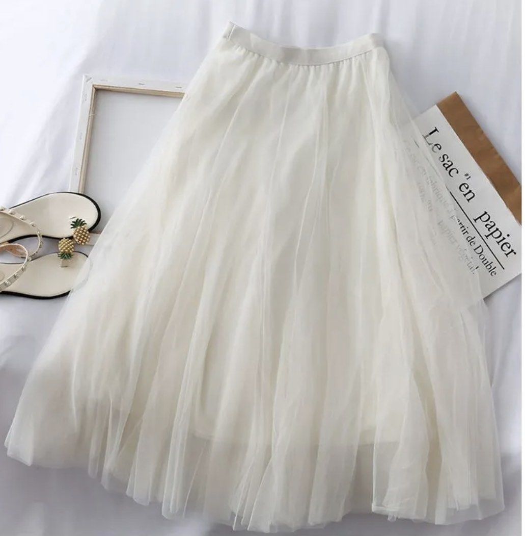 Yesstyle Mesh A-Line Midi Skirt Off White SzS, Women's Fashion