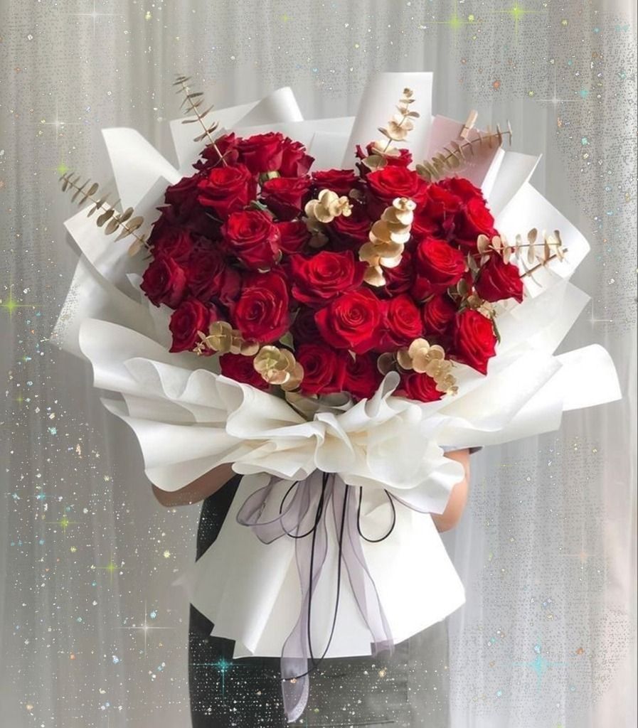 Hand Tied Premium Red Rose Bouquet Dozen Explorer Roses,Eucalyptus And Baby's Breath In Clifton, NJ - Days Gone By Florist