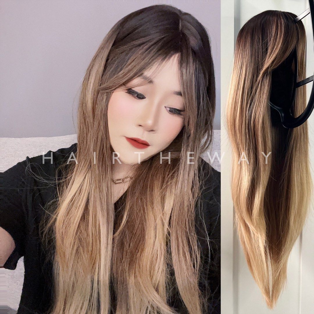 ASTE Gradient Brown Long Straight Layered Realistic Hair Wig with Natural Side Fringe Curtain Bangs Beauty Personal Care Hair on Carousell