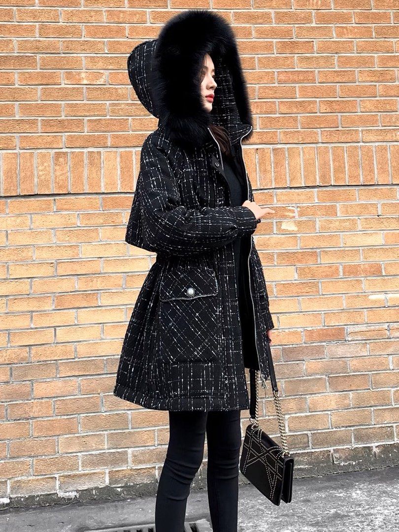 Black Down Parka Winter Coat Windbreaker Jacket w Faux Fur Hood